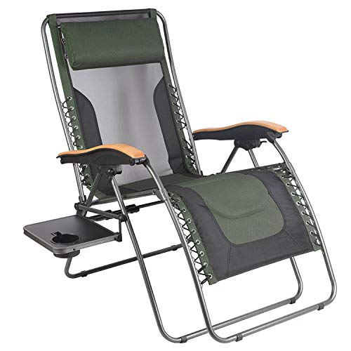 PORTAL Oversized Mesh Back Zero Gravity Recliner Chair, XL Padded Seat Adjustable Patio Lounge Chair with Lumbar Support Pillow and Side Table Support 350lbs (Dark Green)