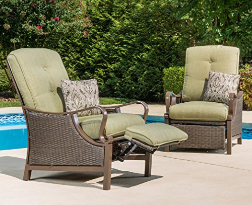 Hanover Ventura Outdoor Patio Recliner with Hand-Woven Wicker, Rust-Resistant Frames, and Thick Vintage Meadow Green Cushions, VENTURAREC